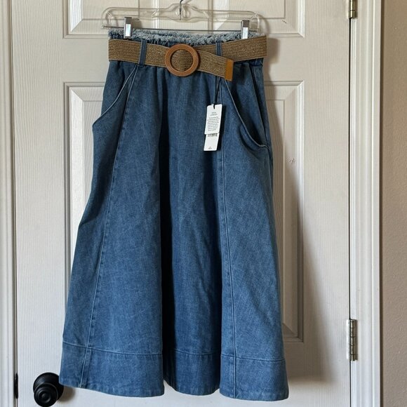 New A Loves A Denim Full Maxi Skirt with Belt and Pockets Medium Wash - Picture 1 of 6